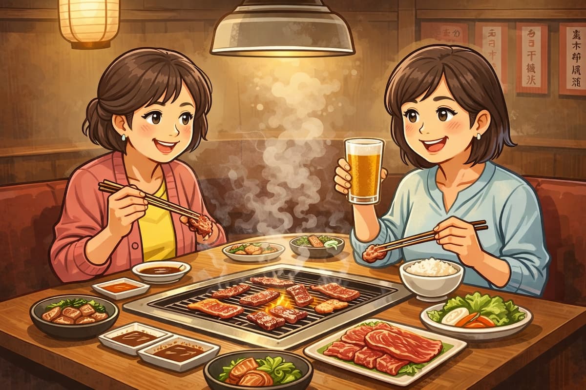 焼肉を食べる二人の女性の様子