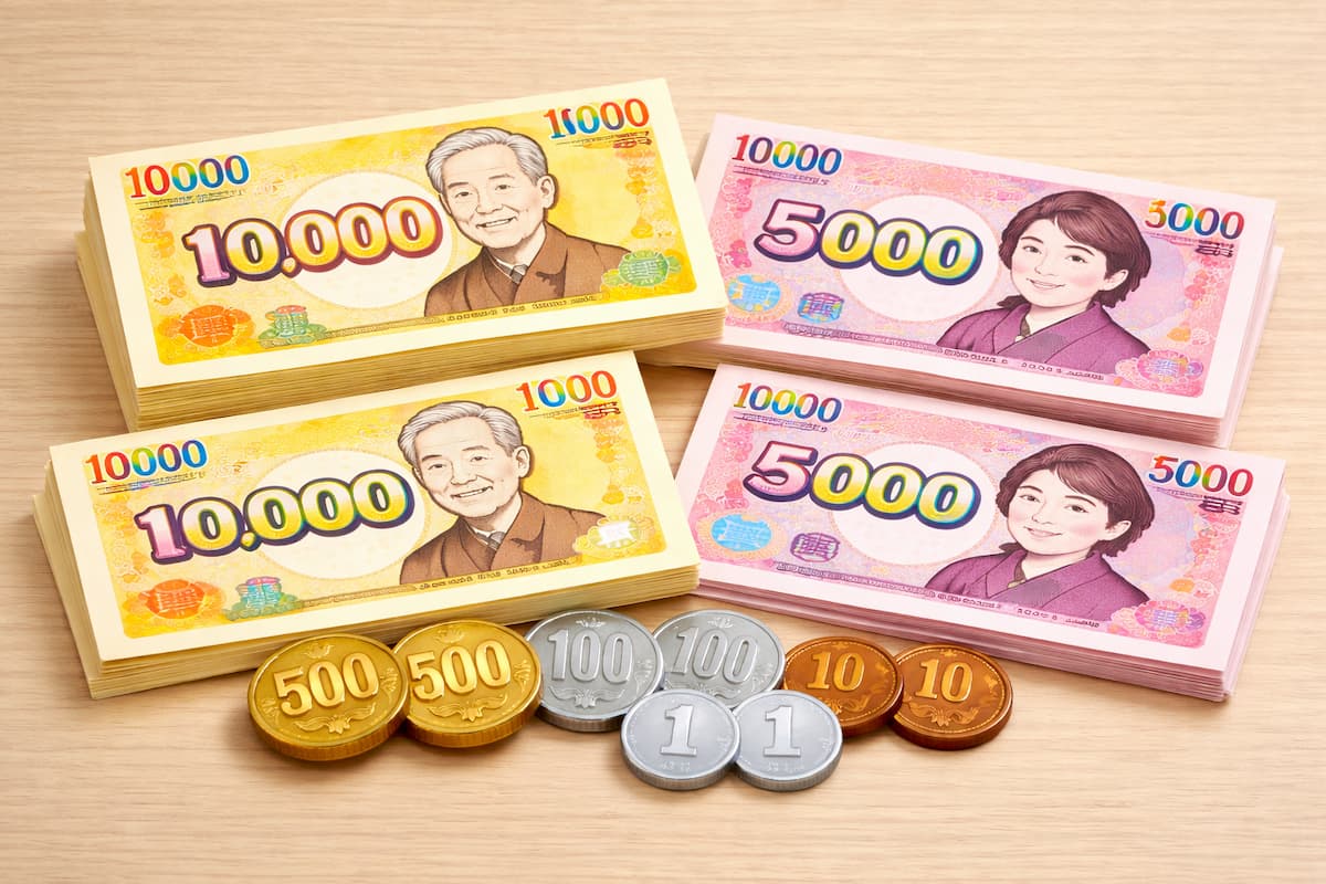 おもちゃのお札と小銭がいっぱいある様子