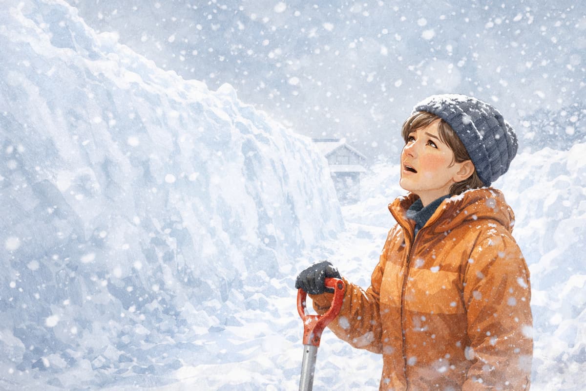 雪かきしている女性