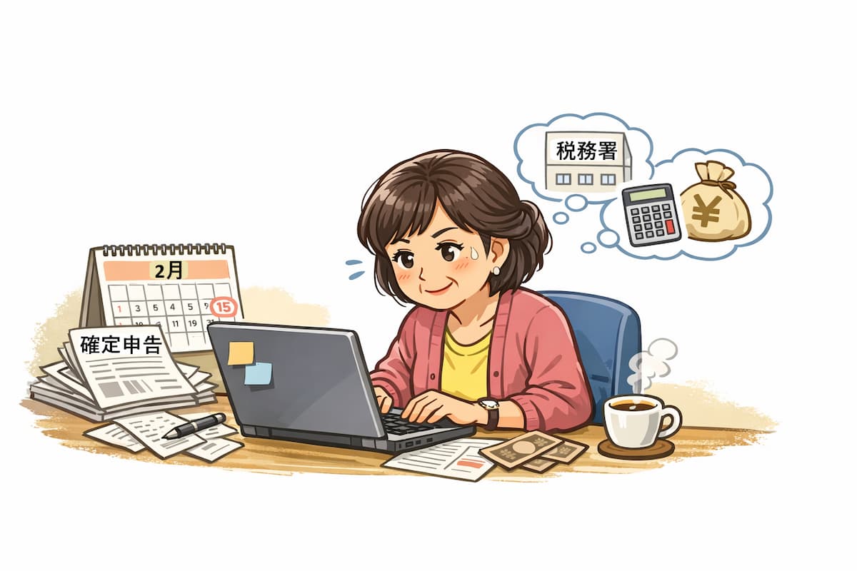 確定申告のためパソコンの前で計算を頑張る女性の様子