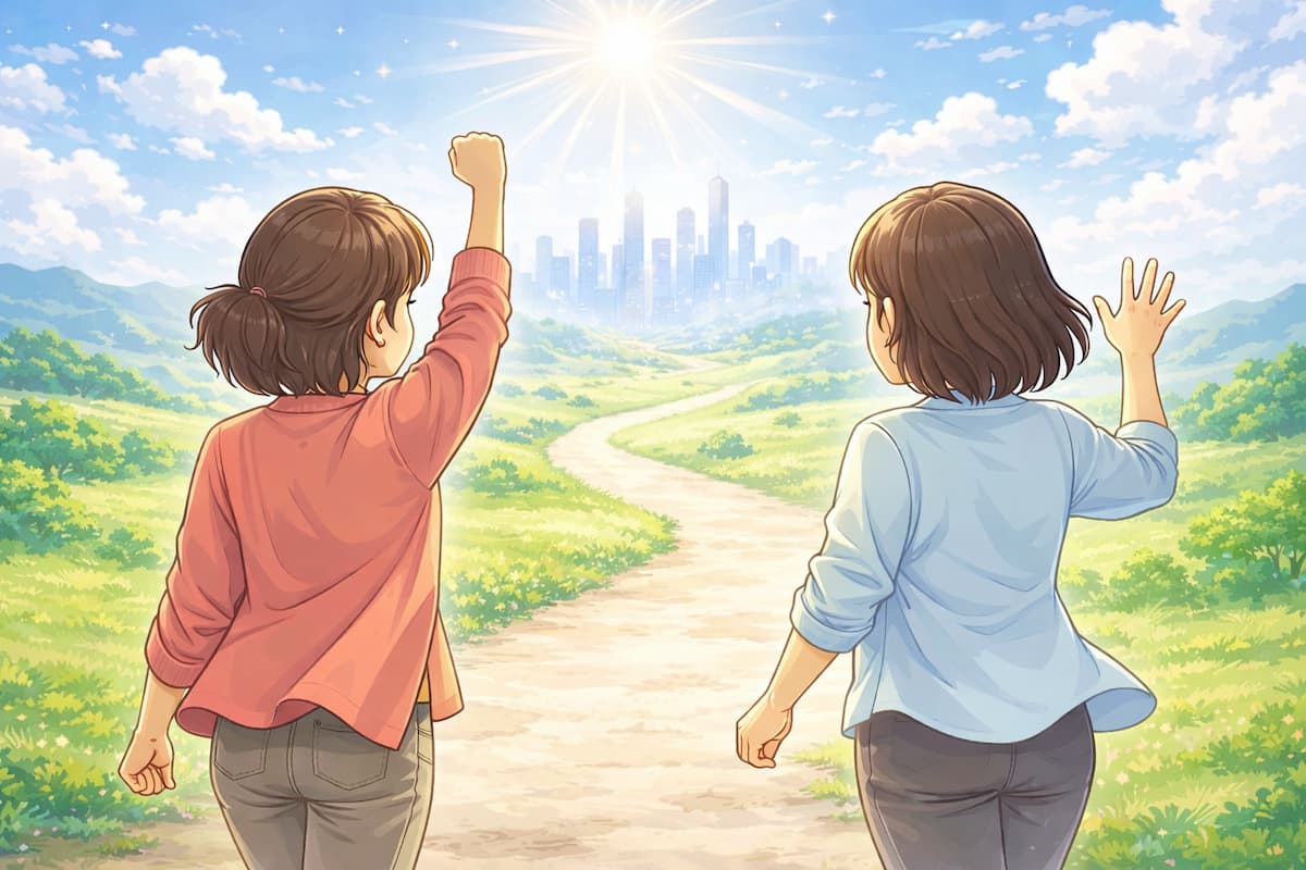 二人の女性が明るい未来の希望に向かっている様子