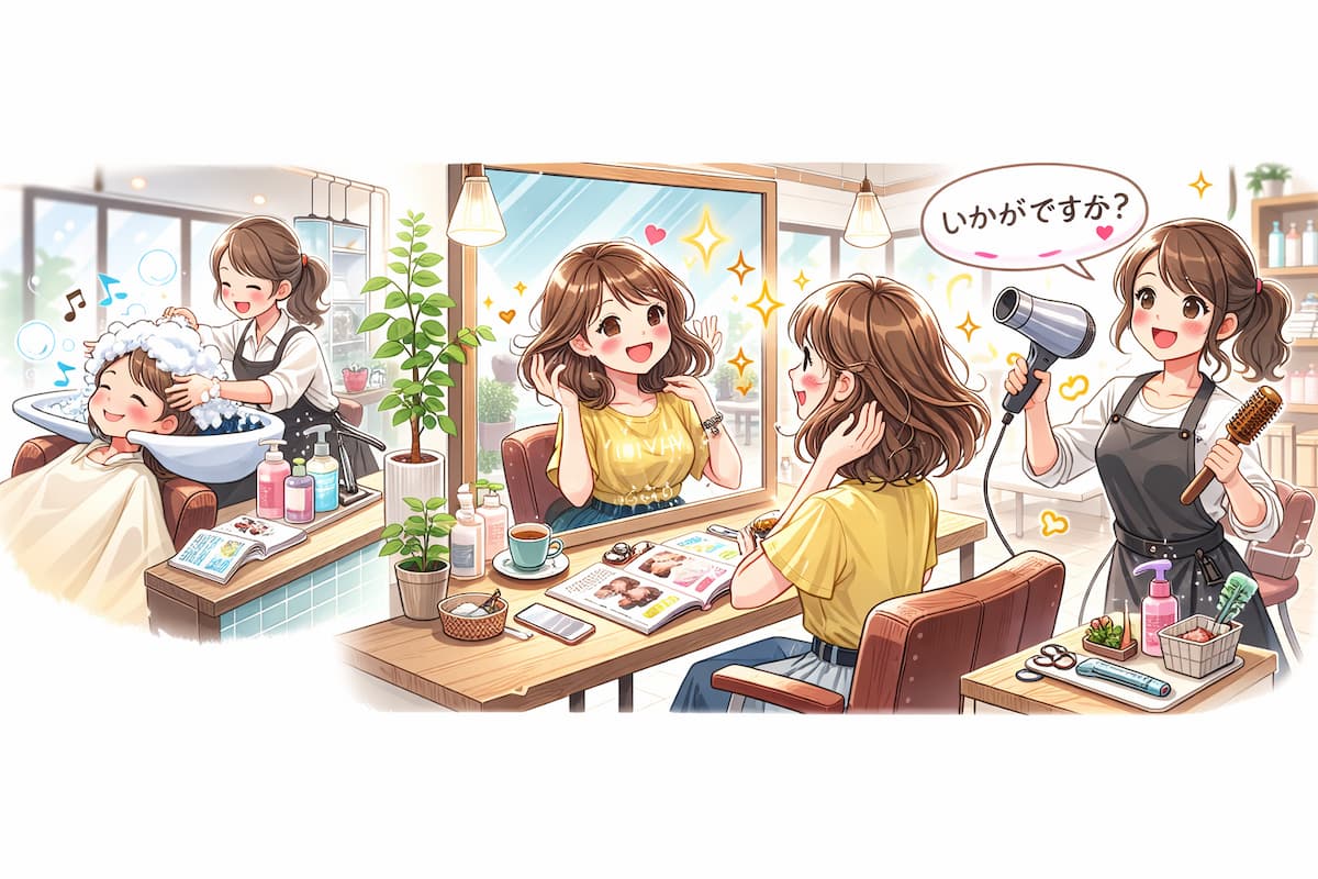 美容院でシャンプーをしてもらったり ドライヤーで乾かしてもらっている女性の様子