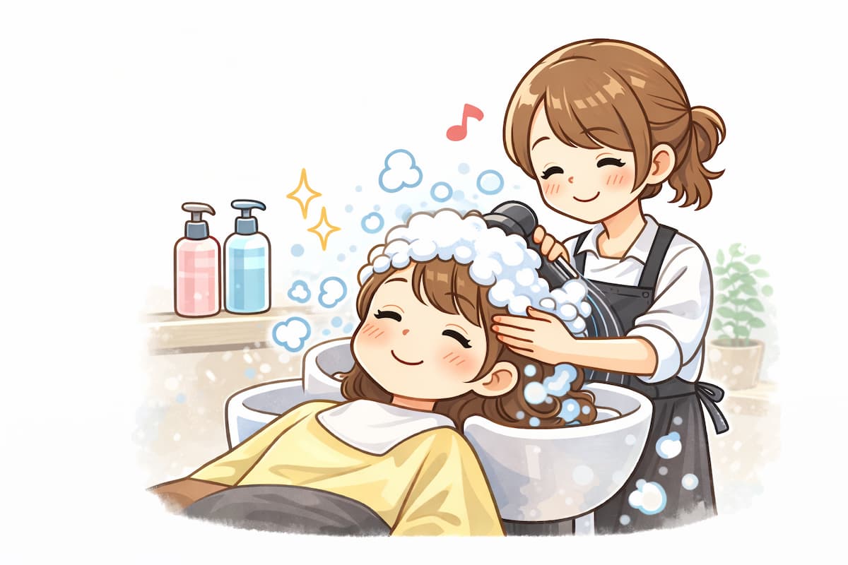 美容院でシャンプーをしてもらっている女性の様子