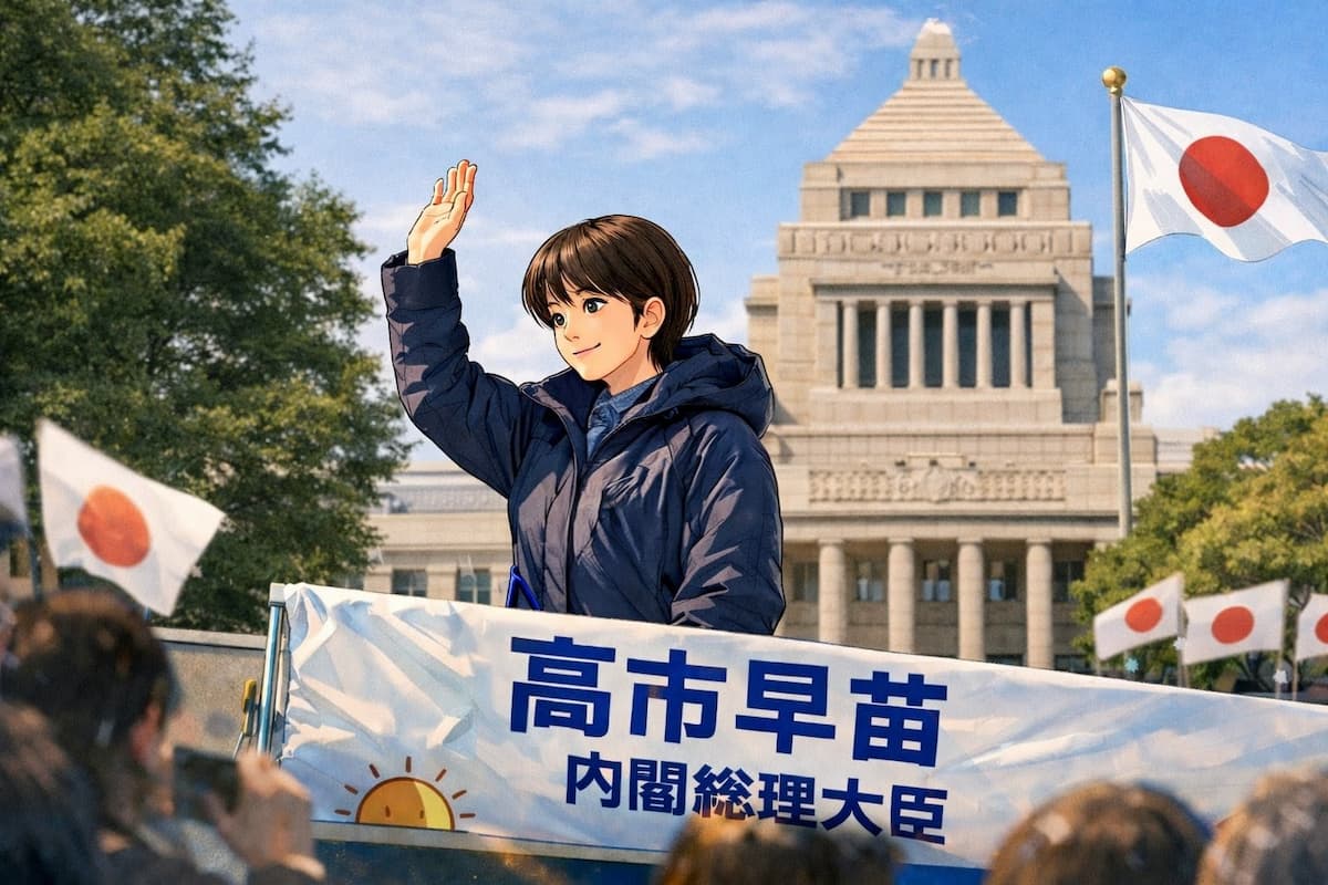 高市早苗さんが国会議事堂前の群衆の前で右手をあげてほほ笑む様子