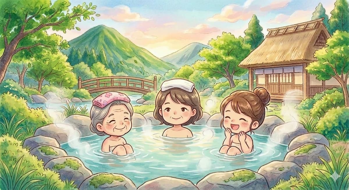 女性が三人で露天風呂に入っている様子