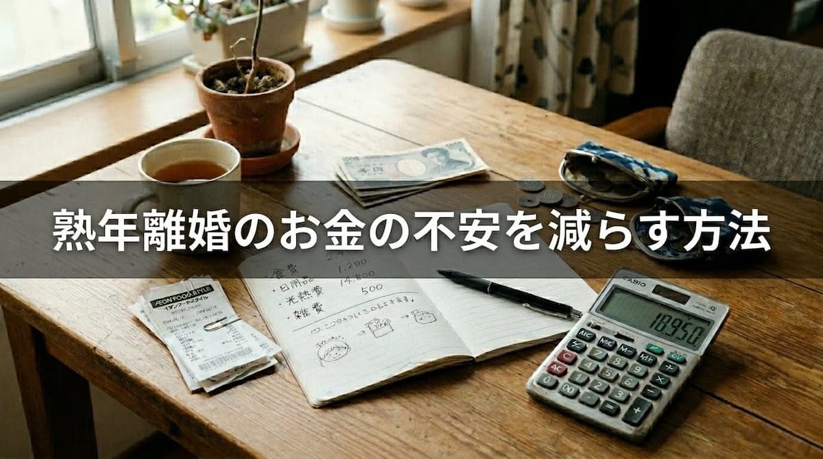 テーブルの上に家計簿やレシートお金や電卓を置いて計算している様子
