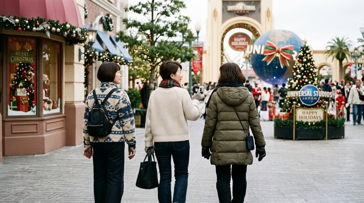 女性が3人で大阪ユニバーサルスタジオジャパンを歩いている後ろ姿の様子