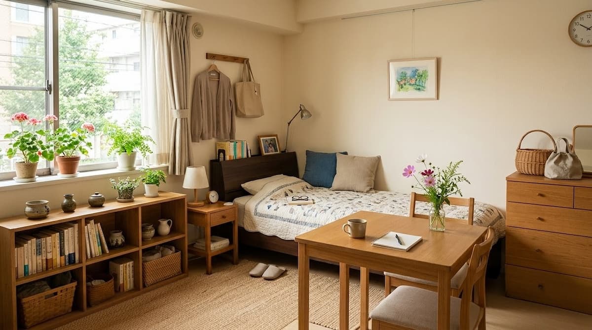 一人暮らしの女性の部屋にテーブルやベッド収納ダラなどコンパクトのかごが置いてある様子