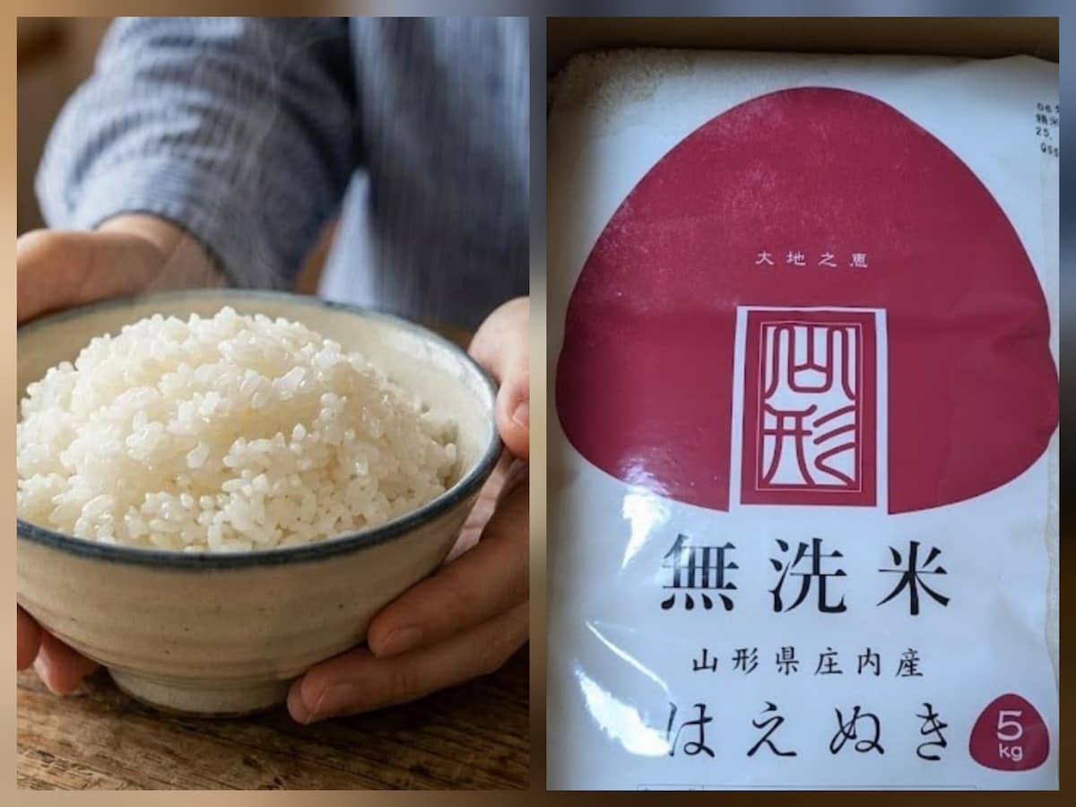 お茶碗に入れたご飯と無洗米パッケージ