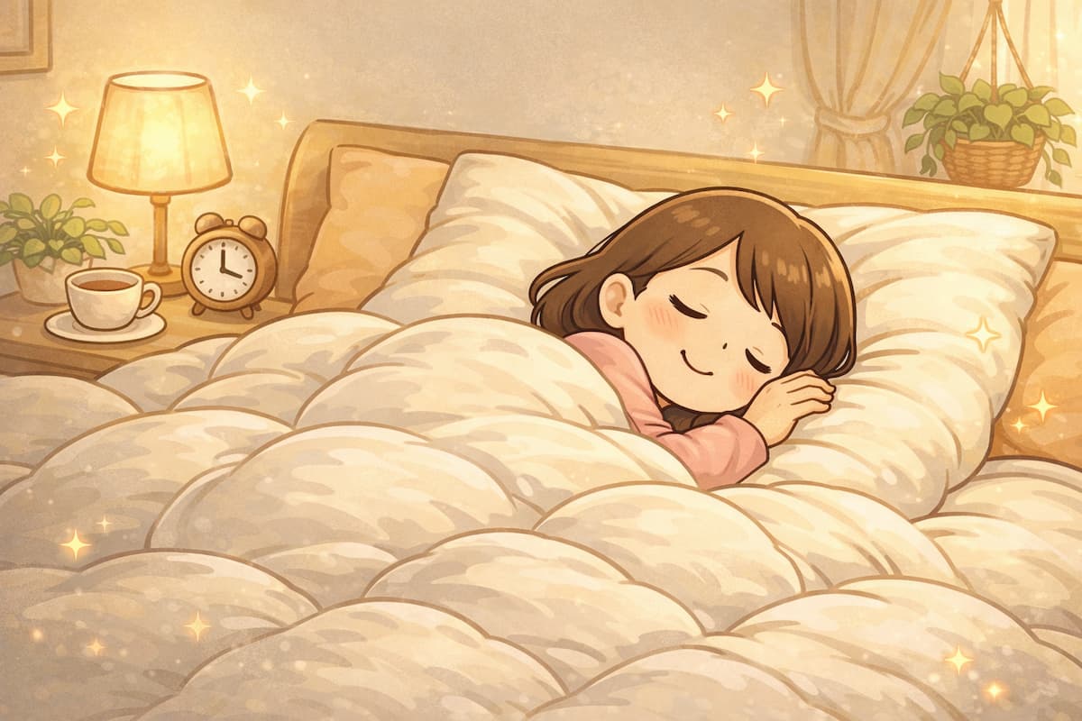 ふわふわの羽毛布団に寝ている女性の様子