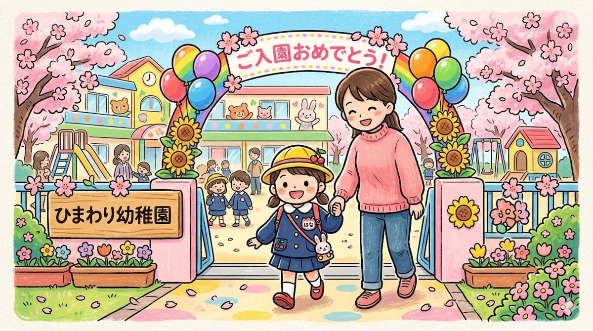 女児が花がいっぱいの幼稚園の入園式に行く様子