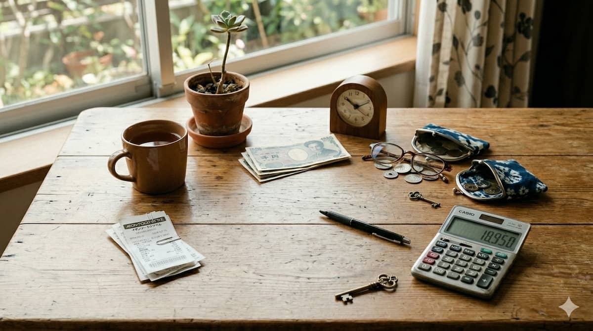 机の上に乗っている家計簿とお金と財布