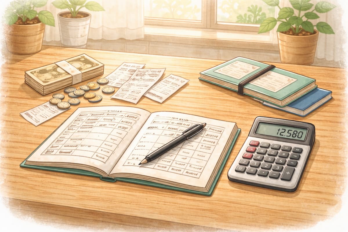 家計簿と電卓と鉛筆とお金とレシートが机にある様子