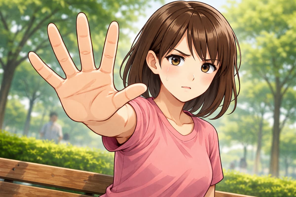 宗教や訪問販売を手の平を広げて相手に向けながら、きっぱり断る女性の様子