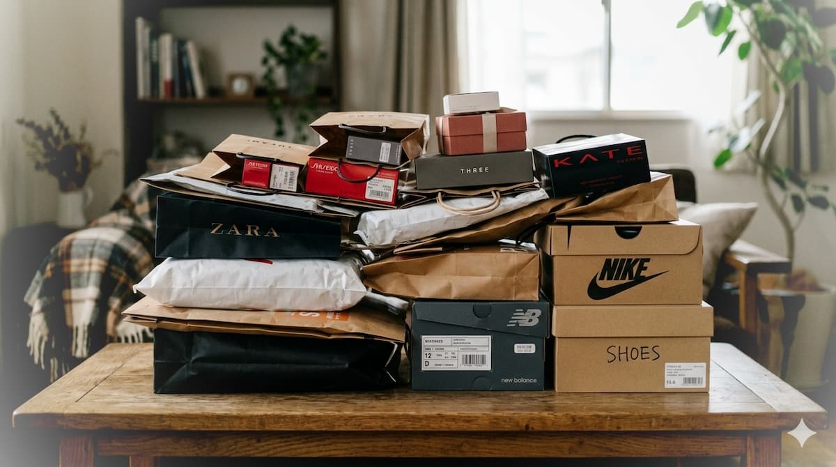 机の上に衝動買いした紙袋や箱が山積みになった様子