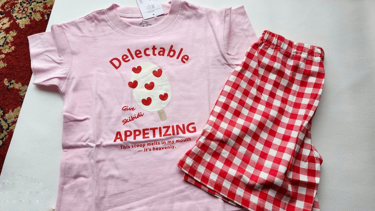 女の子用のルームウェア ピンクの T シャツと白赤のチェックのショートパンツ