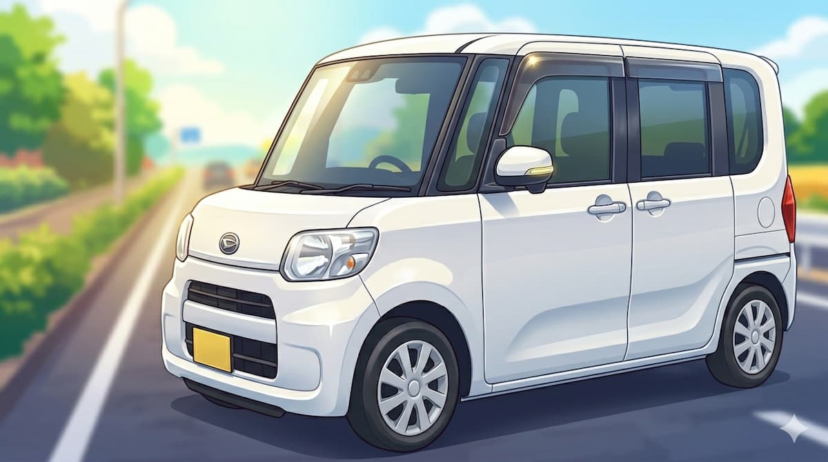 白いダイハツタントが道路の上に停車している様子