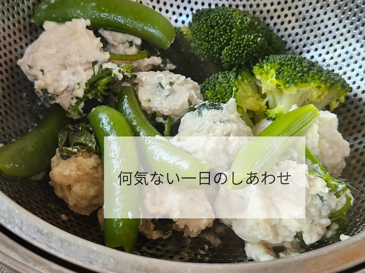 鳥団子とブロッコリーとスナップえんどうの蒸し料理