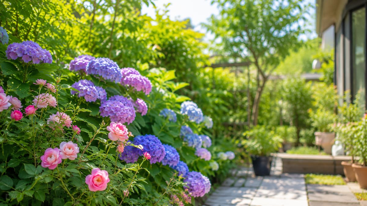 美しい紫陽花と薔薇が咲き乱れる日当たりの良い庭の様子