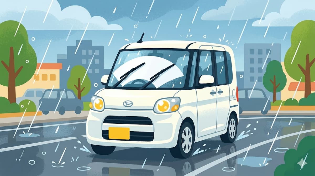 雨の日の白い軽自動車のワイパーが動いている様子