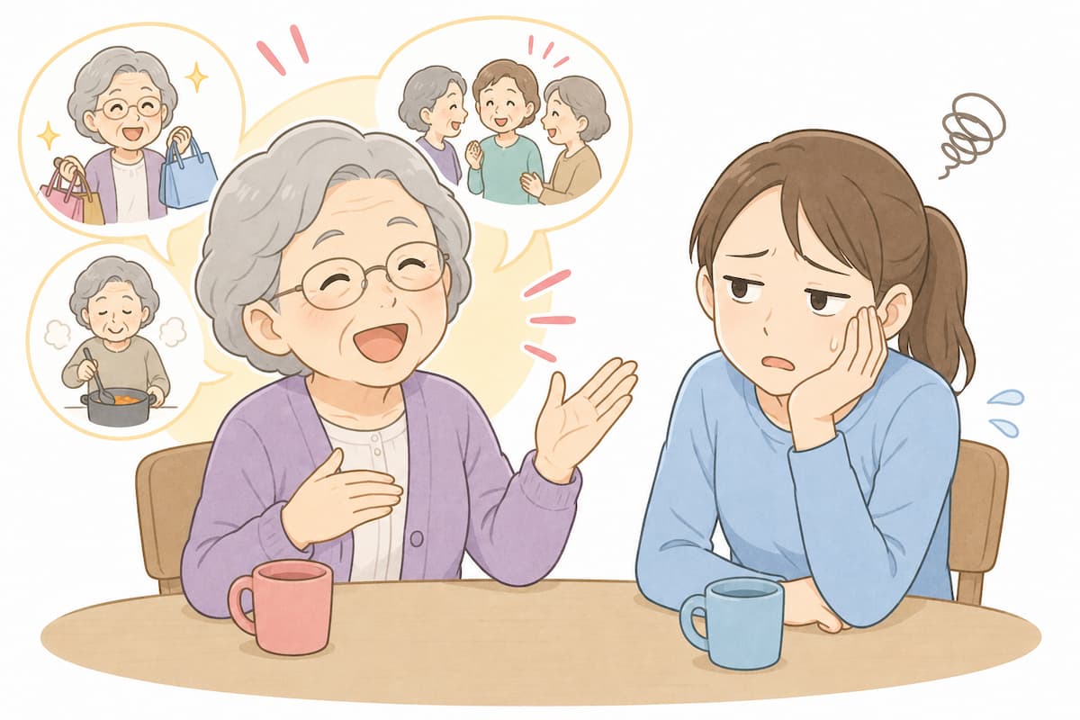 話してる高齢者と聞き手の若い女性が退屈そうな様子