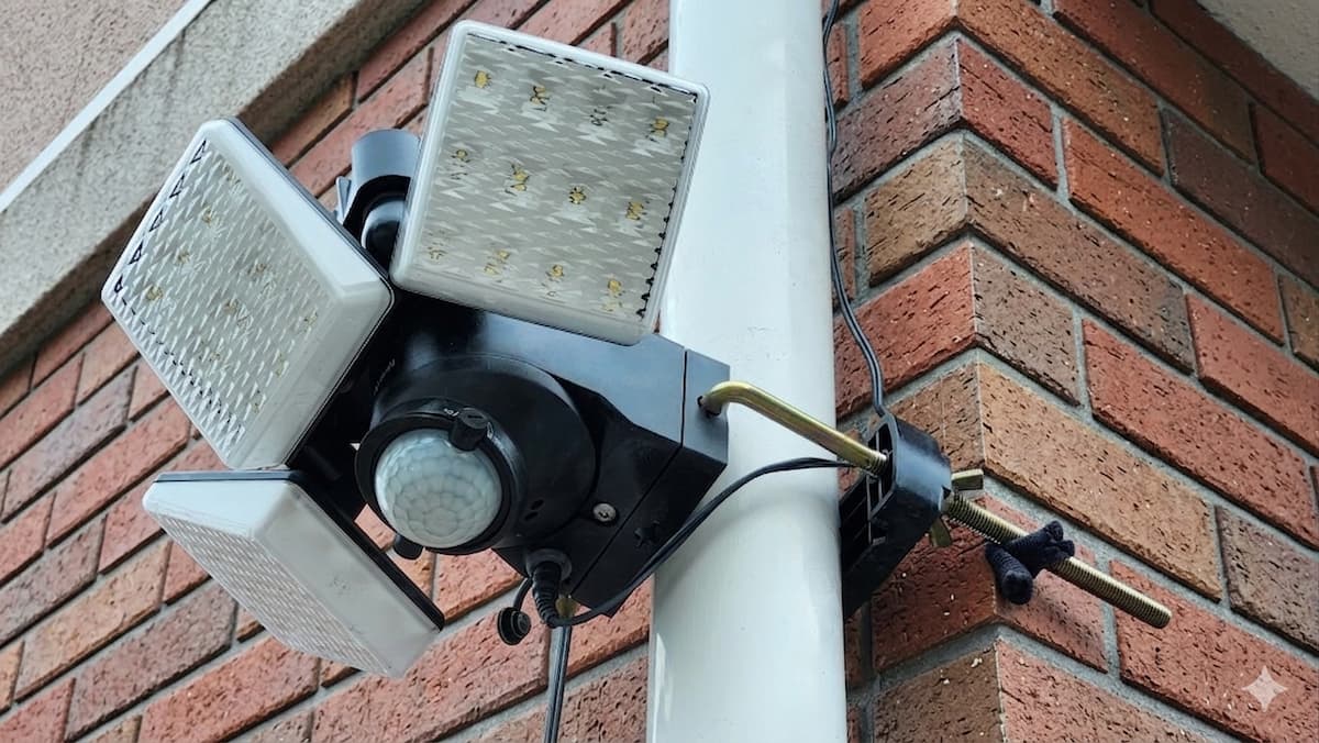 三方向を照らすソーラーのセンサーライトをレンガの外壁の家に取り付けた様子