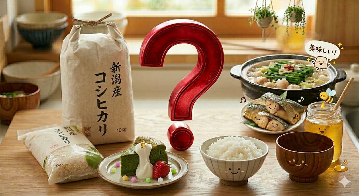 クエスチョンマークの周囲にケーキやお米ともつ鍋とサバとはちみつが乗った食卓の様子