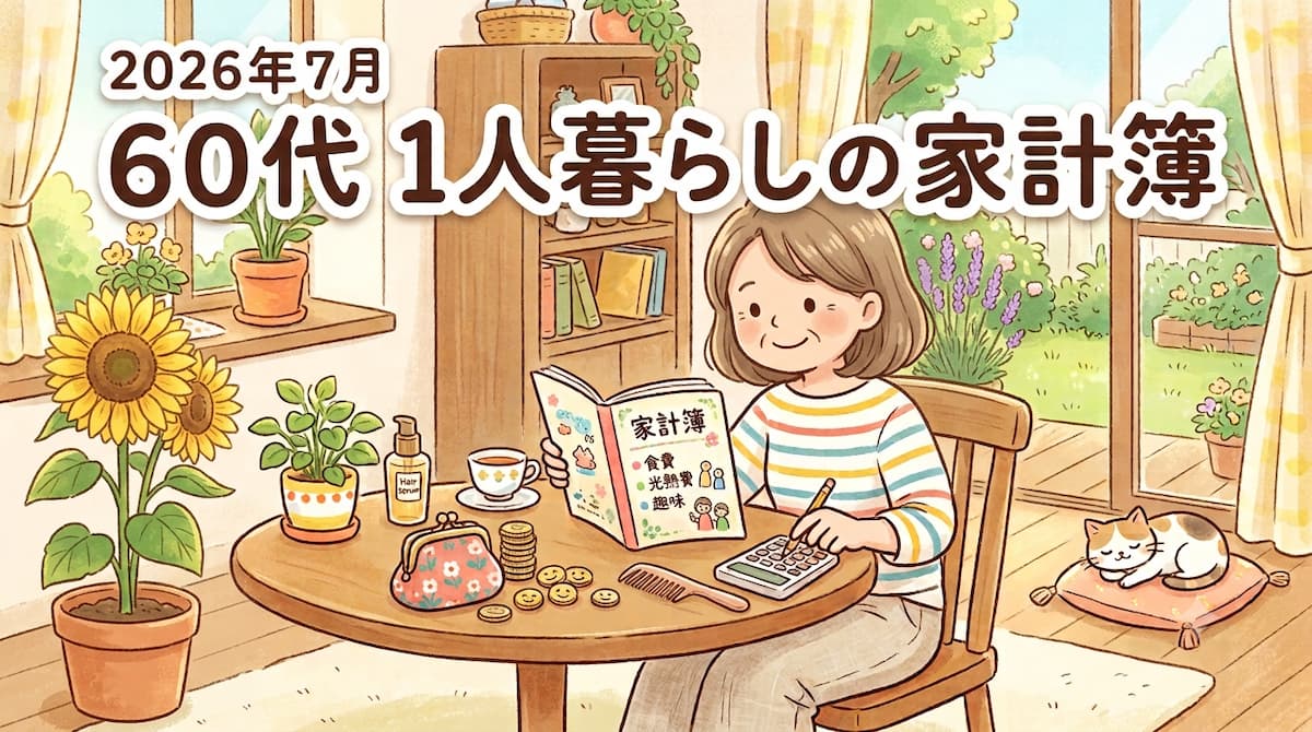 60代 一人暮らしの女性がテーブルで家計簿をつけている様子