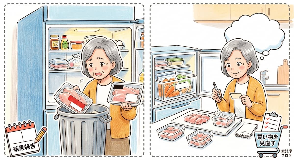 食剤の廃棄を反省して冷凍弁当を作る女性の様子