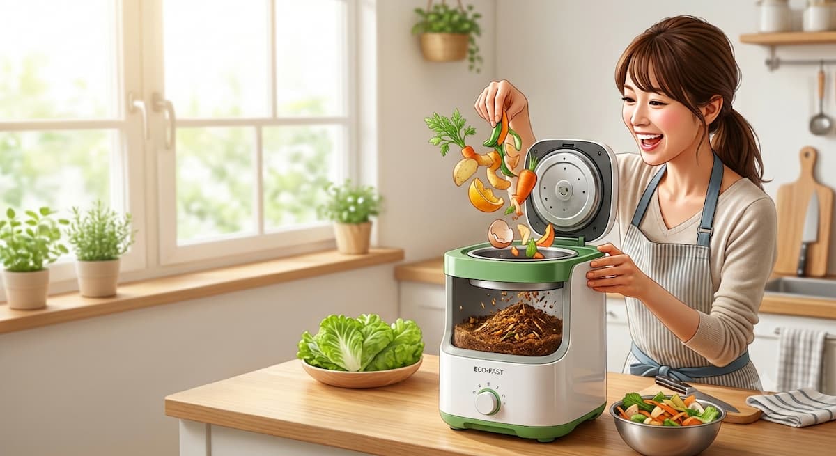 家庭用生ごみ処理機に生ゴミを入れる女性の様子