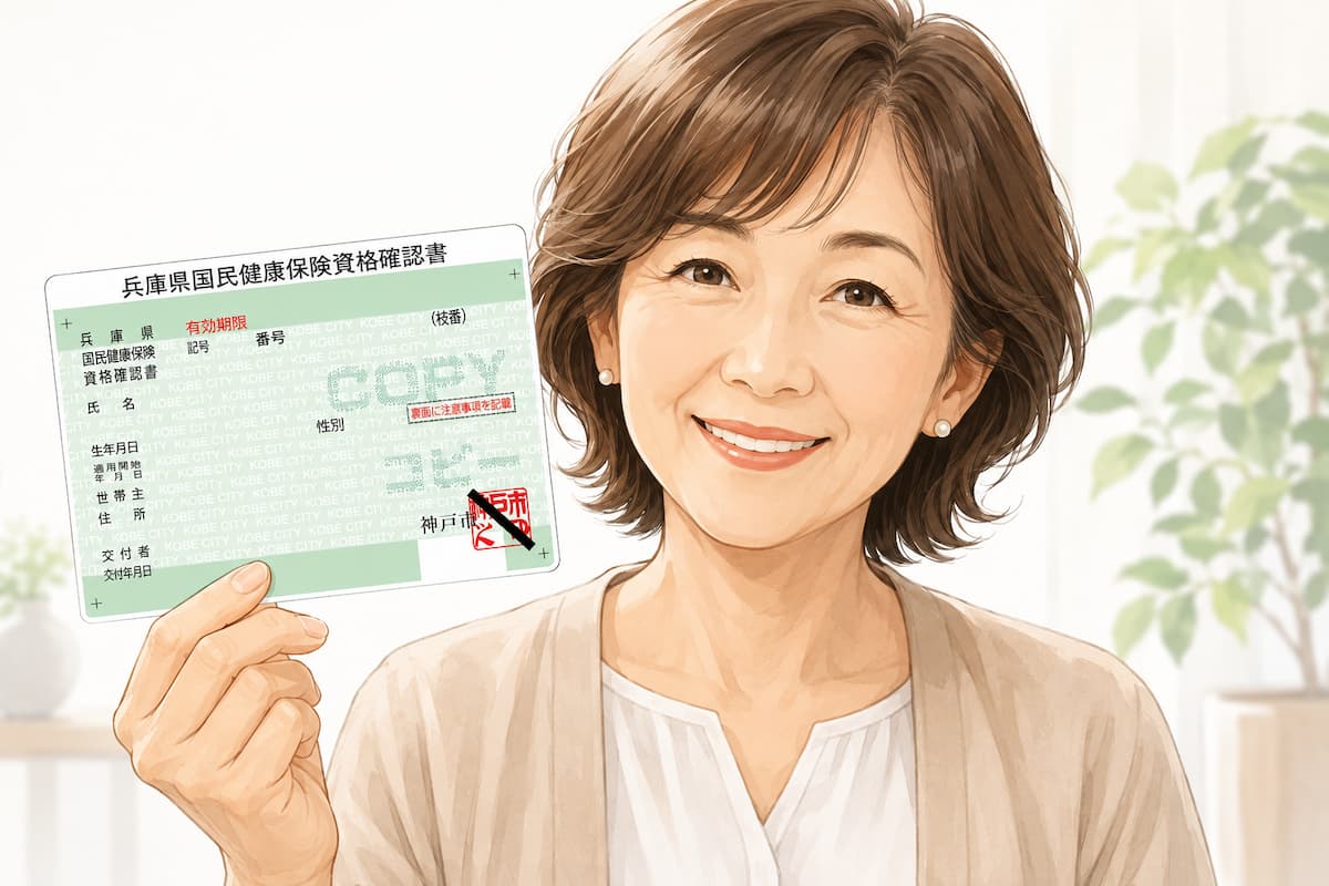 資格確認書を持つ笑顔の女性