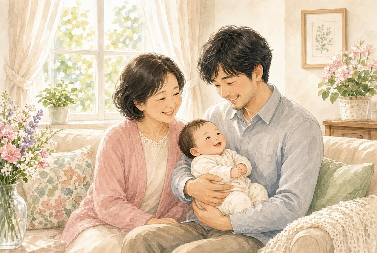 祖母と息子と孫の笑顔のひとときの様子