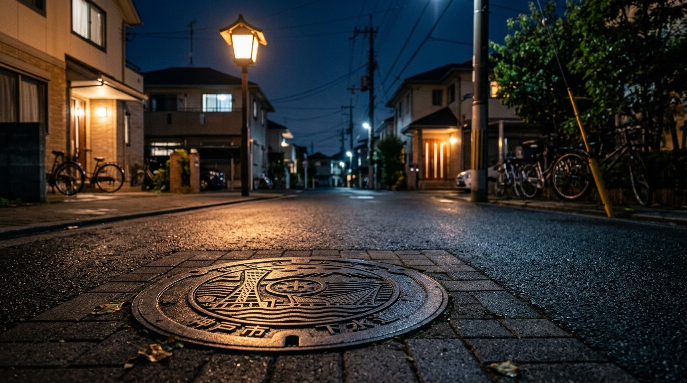 夜の住宅街の道路にあるマンホールの様子