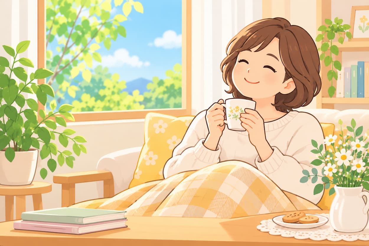 女性がブランケットにくるまりながら笑顔でお茶を飲んでいる様子